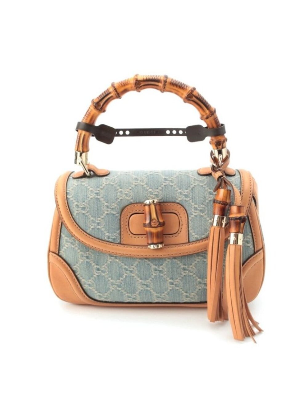 Gucci GG Denim Bamboo Turnlock a Shoulder Bag Ice Blue Beige